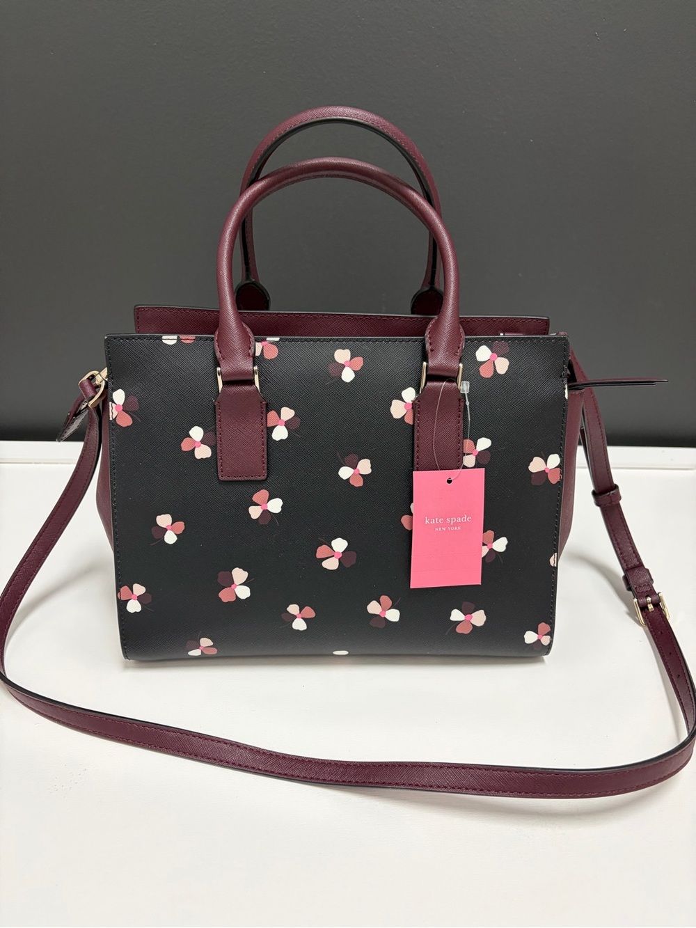 kate spade NWT Black Floral Satchel with Burgundy Trim Authentic